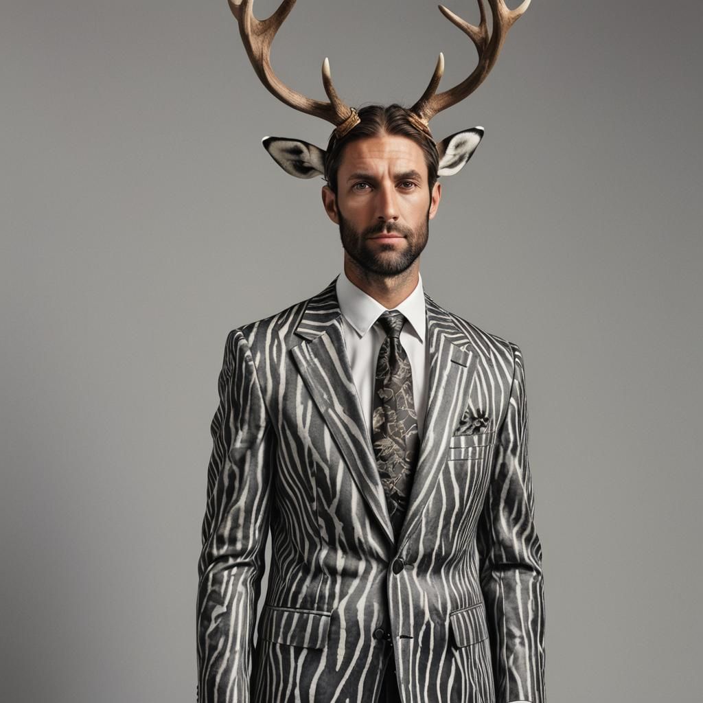 Man in Zebra Suit and Antlers: Photorealistic Portrait