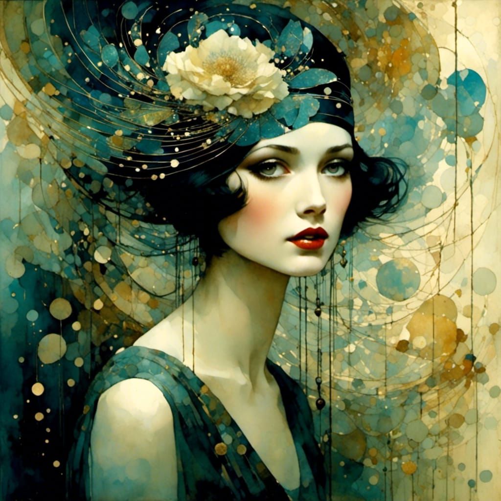Melancholy 1920s Flapper Portrait in Watercolor Fantasy