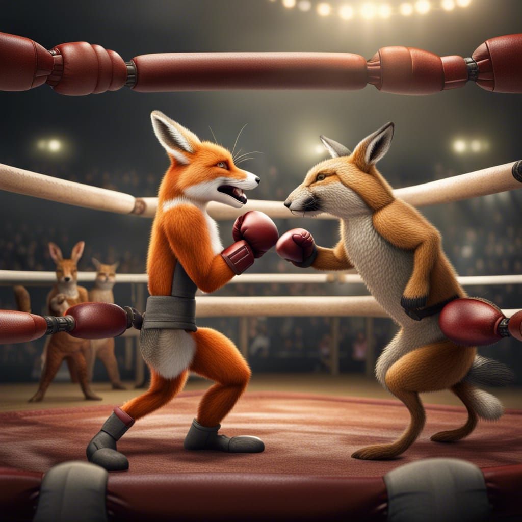 Fox and Rabbit Boxing Match in Hyperrealistic Style