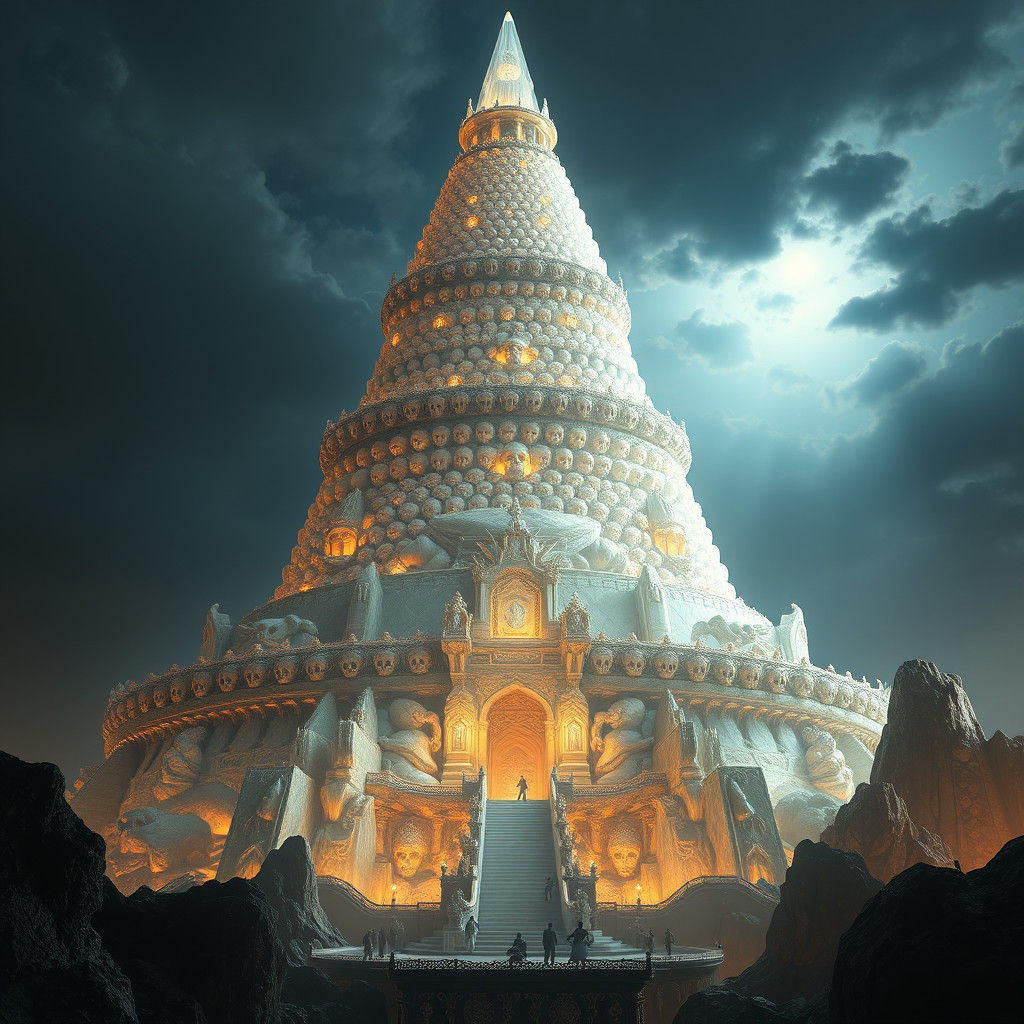 ancient tower made from crystal skulls by Feng Zhu, highly detailed, high quality, 8k, CGsociety, fantasy, realistic, hy...
