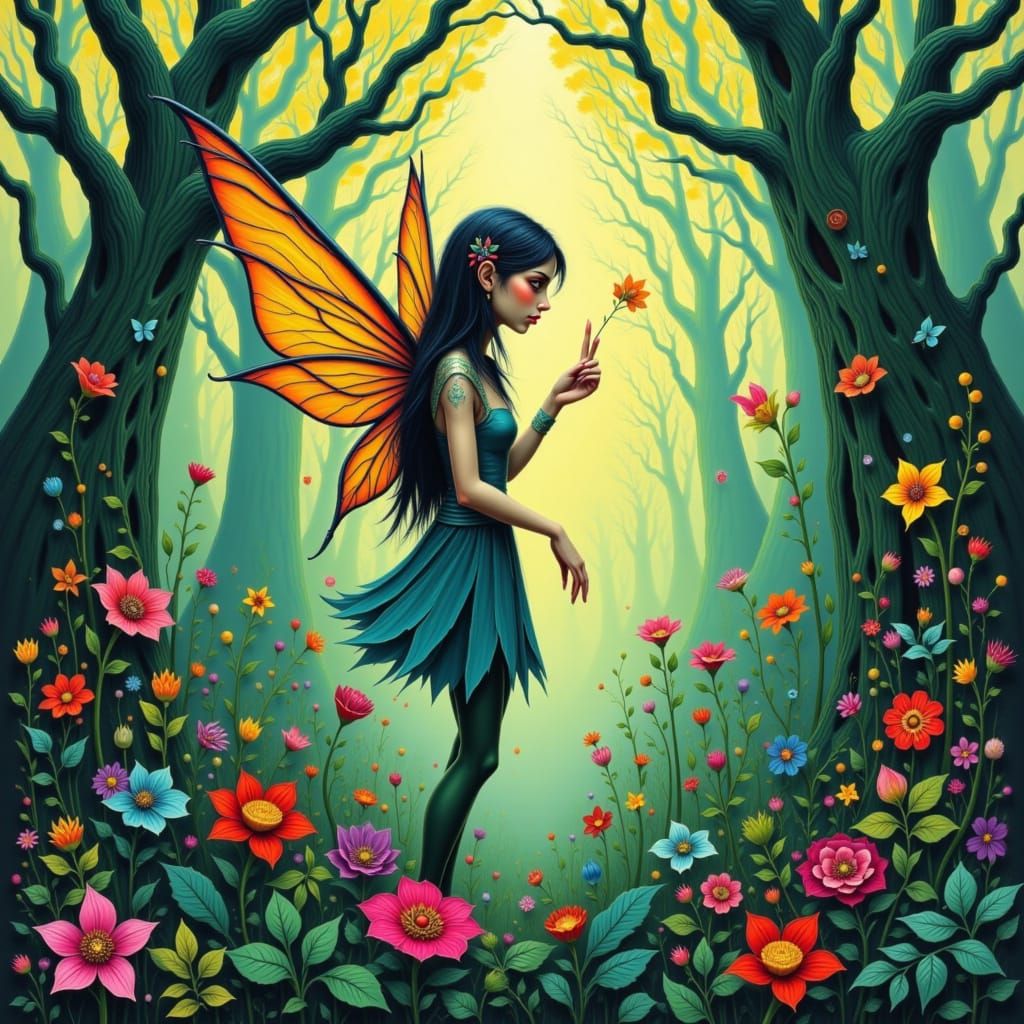Geometric Fairy in Forest, Surreal Digital Art