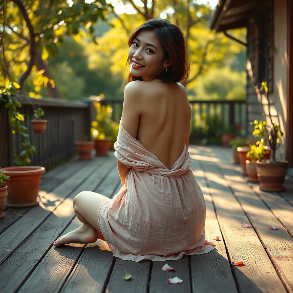 A Light-Skinned Asian Woman in a Tranquil Garden Setting