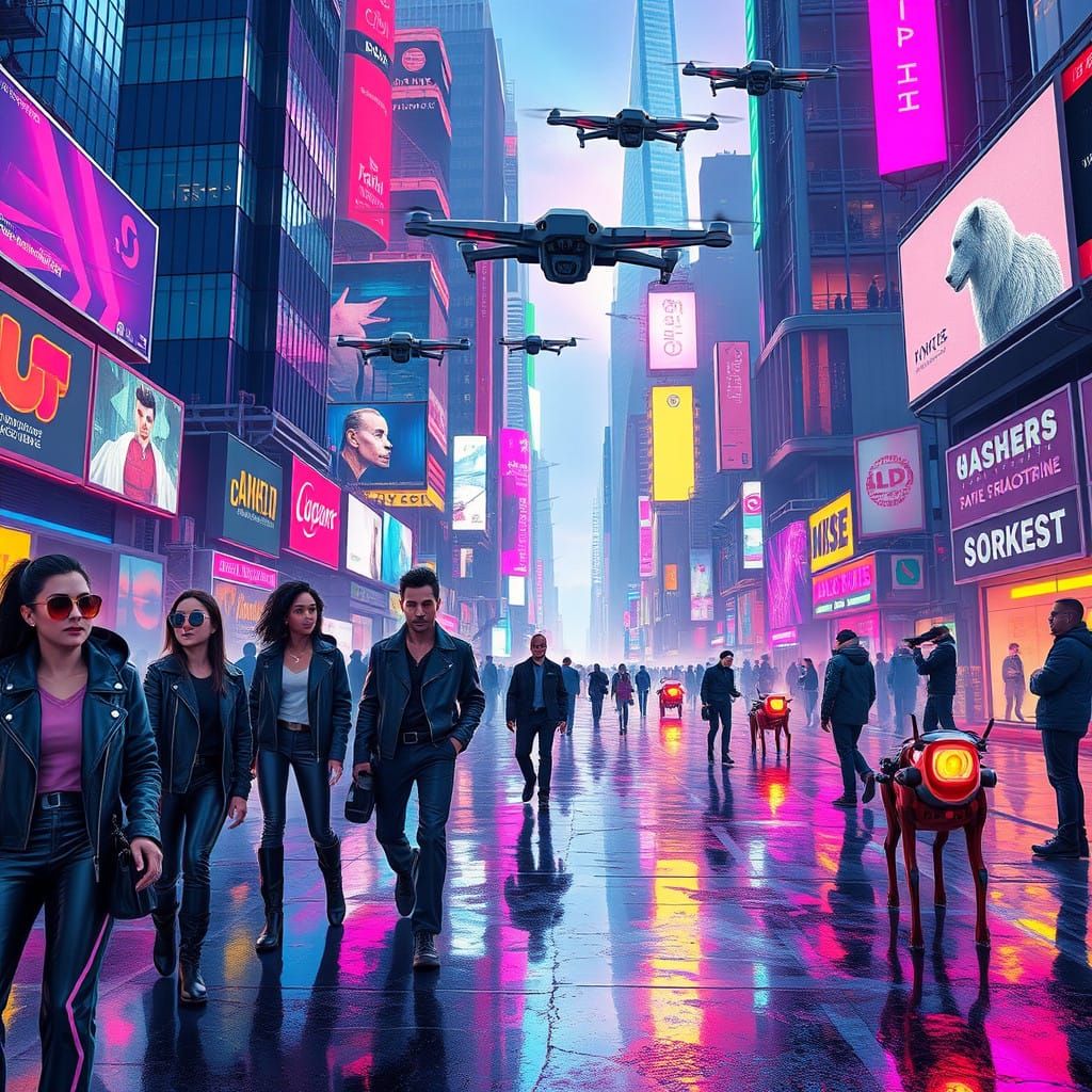 Futuristic Neon Cityscape with Androids and Holograms