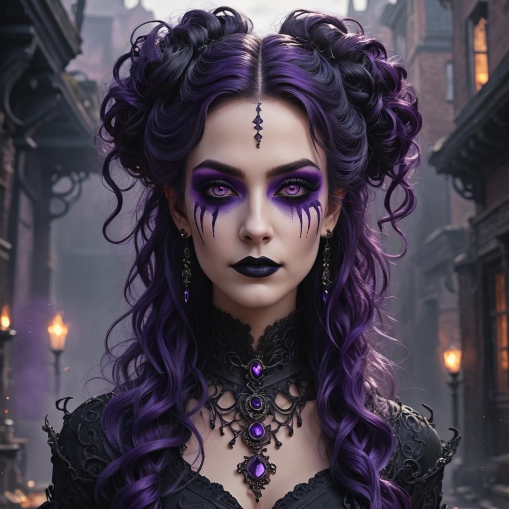 Gothic Woman with Purple Hair and Bold Makeup