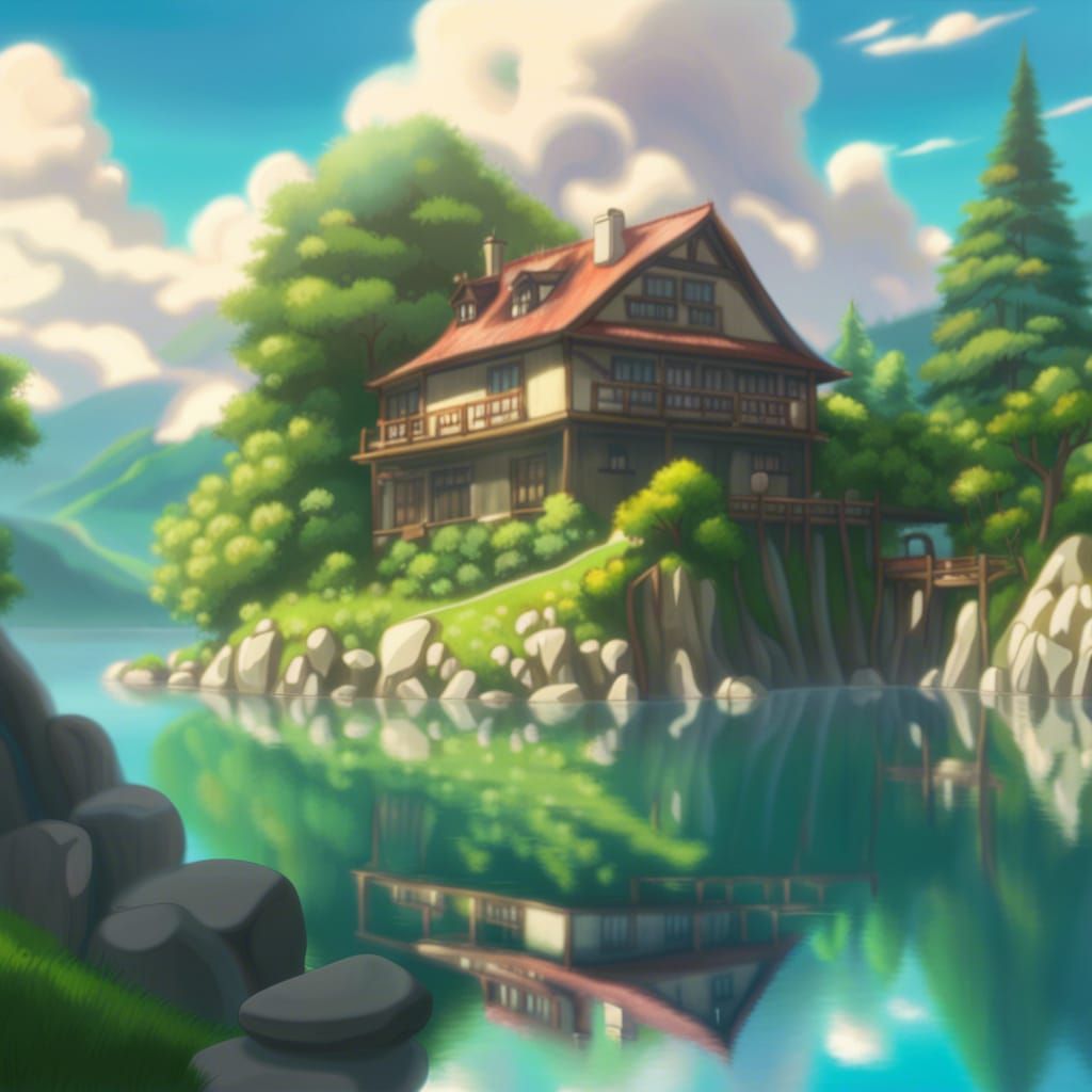 Ghibli Style House by Lake with Forest