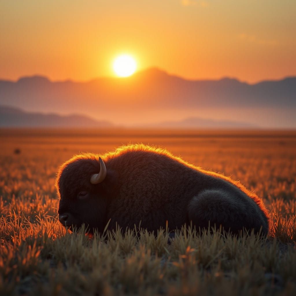 Serene Prairie Landscape with Resting Baby Bison