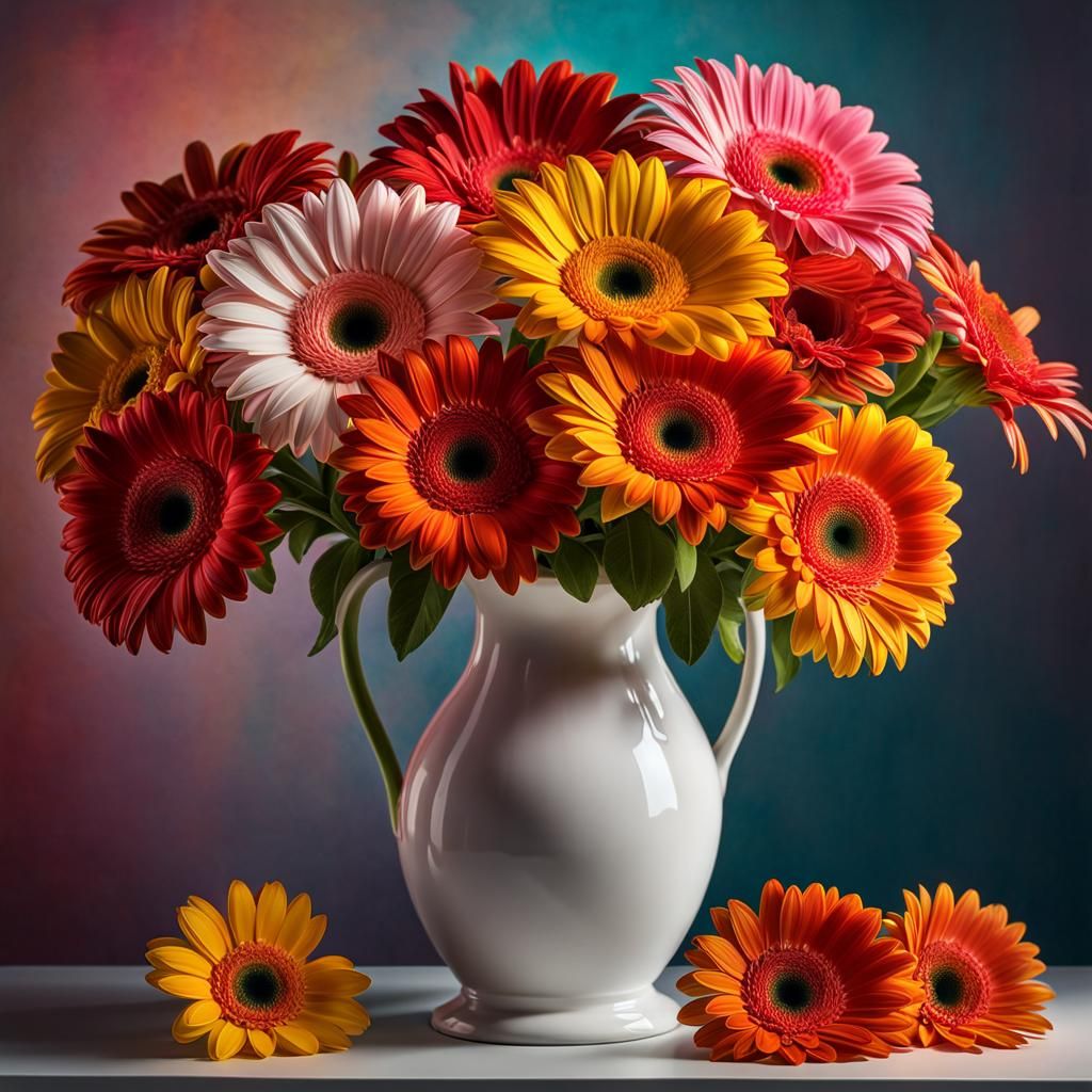 Gerber Daisies in Vase: Art Nouveau Acrylic Painting