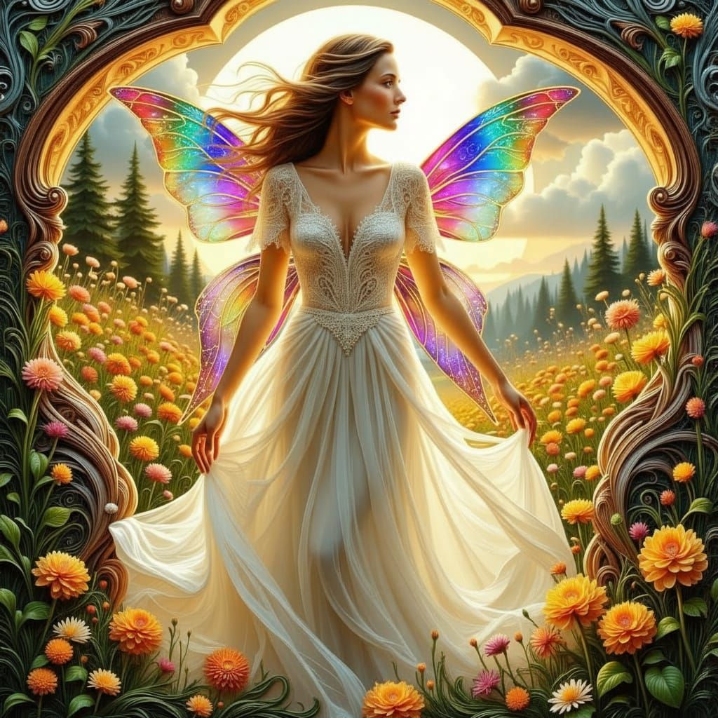 Serene Woman at Threshold: Meadow Meets Wasteland