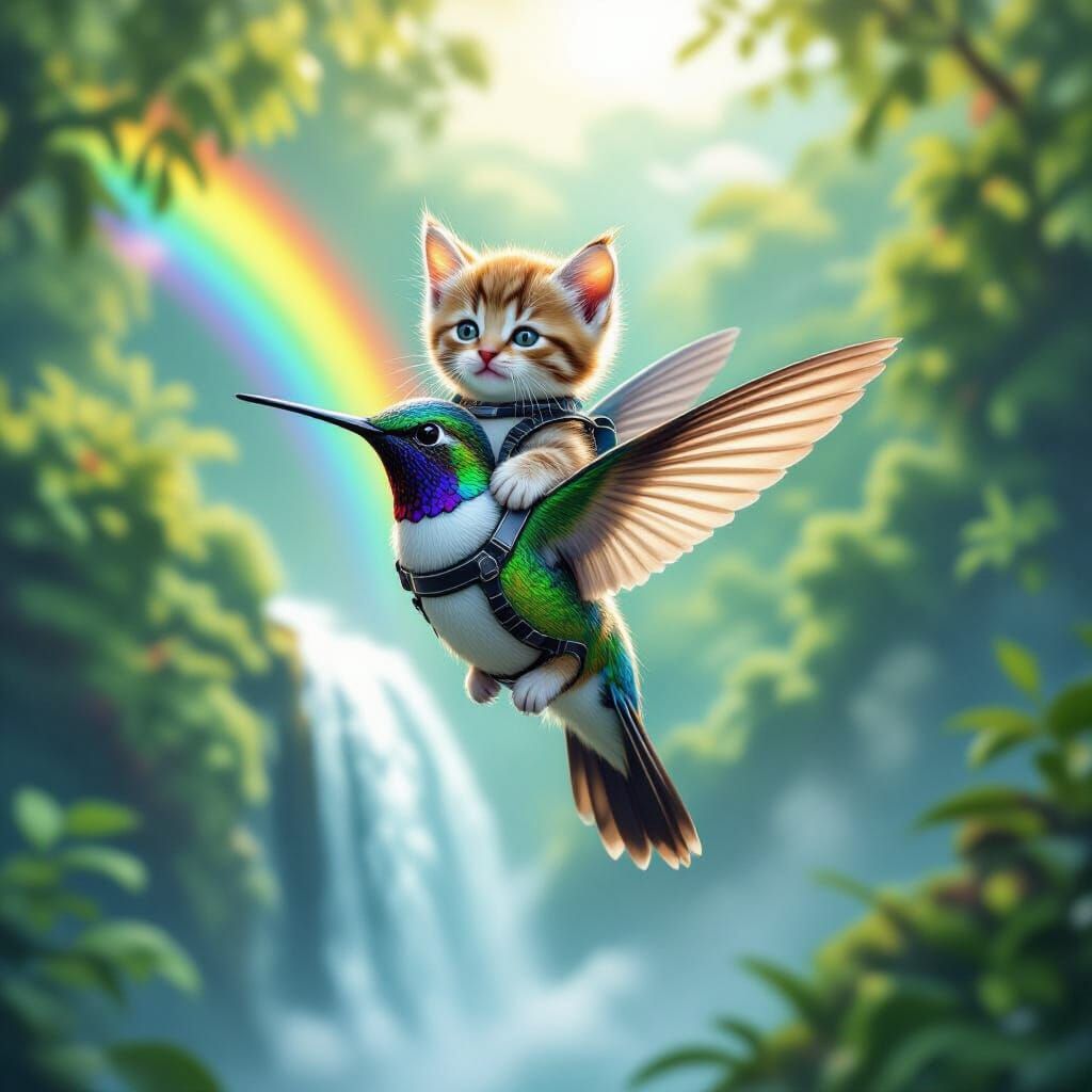 Kitten Rides Hummingbird Over Rainbow Waterfall