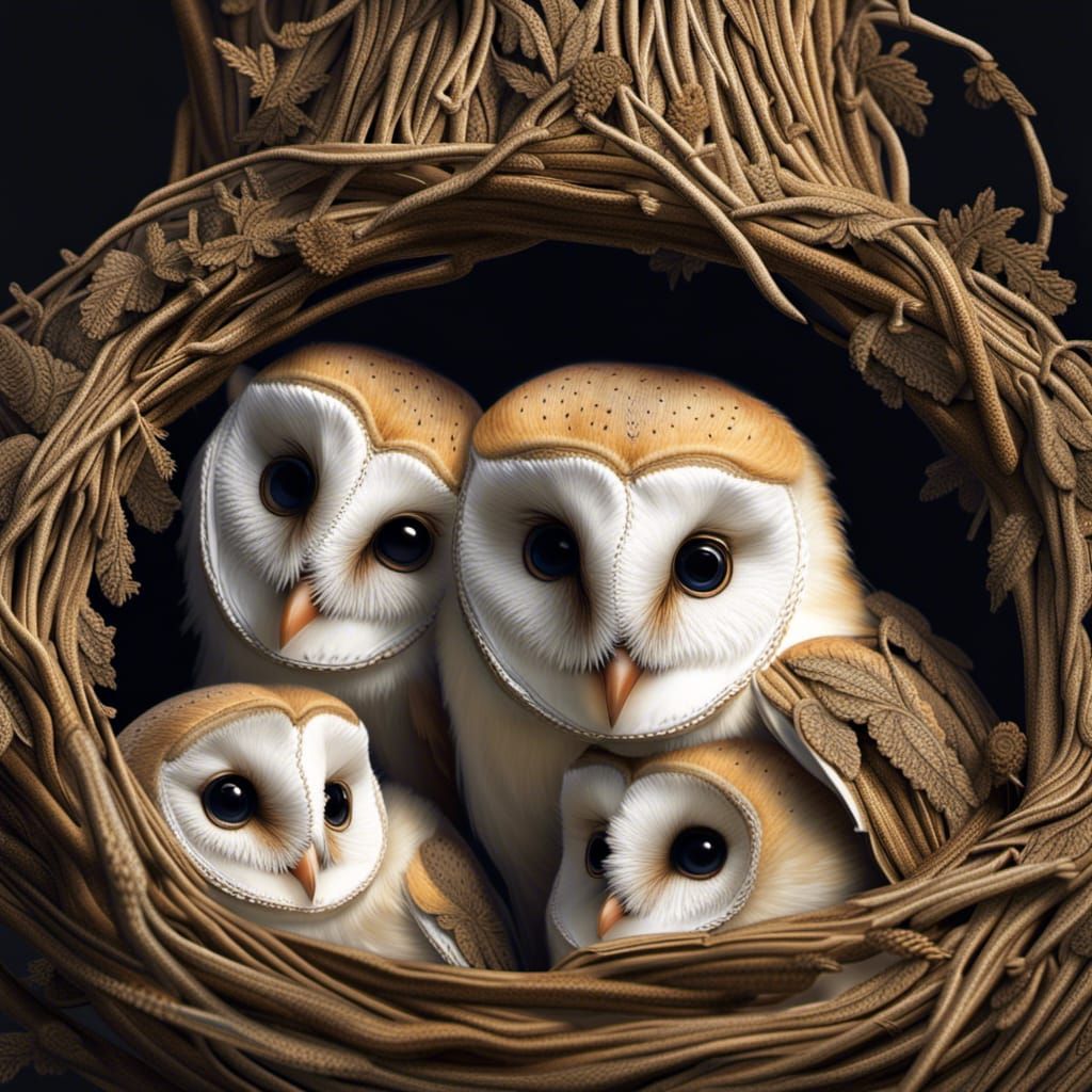 Family of Baby Barn Owls in Farmer's Hat