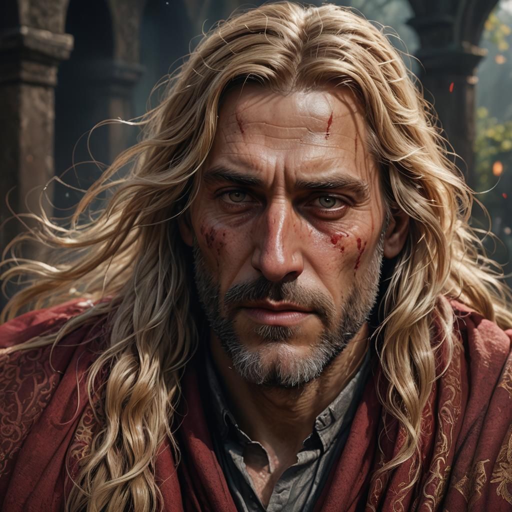 Hyperrealistic Portrait of Blond Man with Crimson Shawl