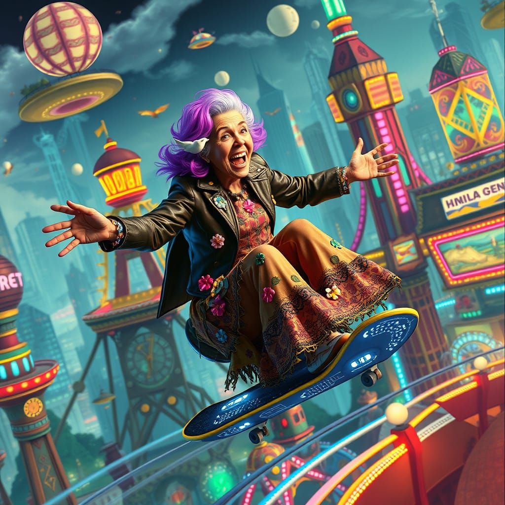 Woman on Whimsical Ride in Surreal Landscape