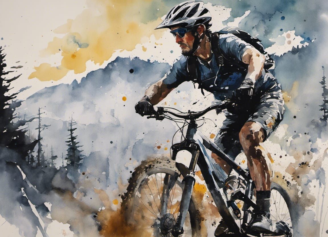 Watercolor Mountain Biker Portrait with Textured Details