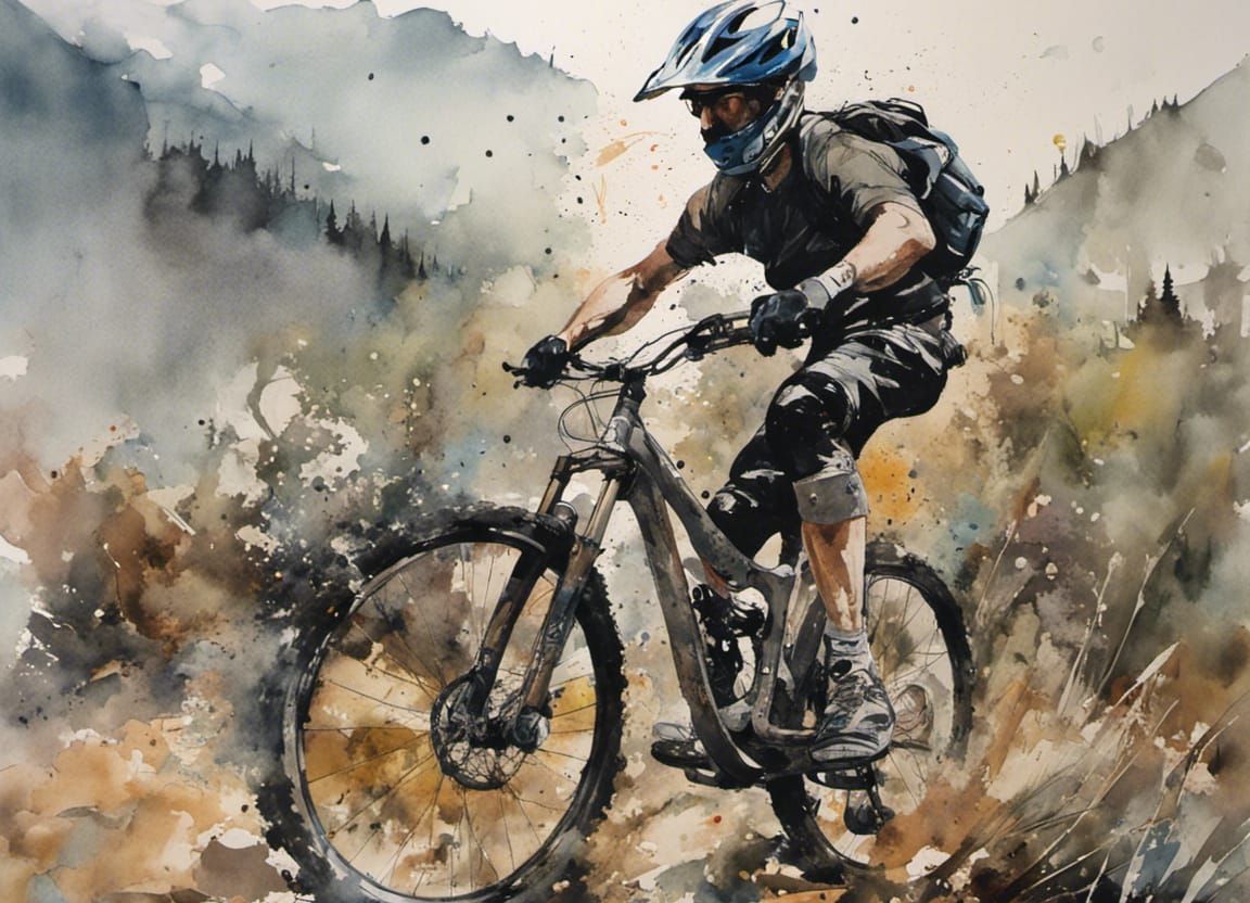 Watercolor Mountain Biker Portrait with Textured Details