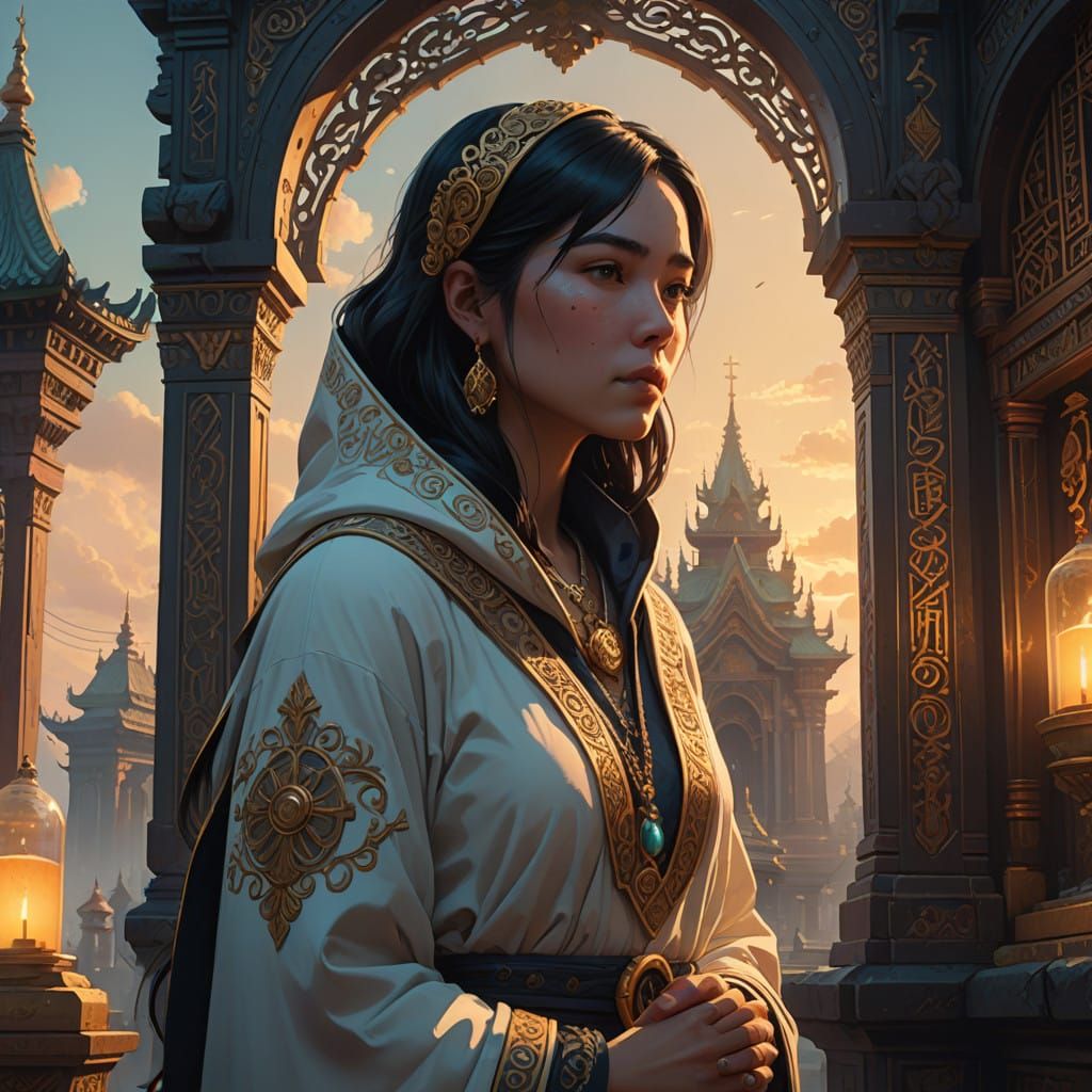 Elegant Woman in Shrine at Dusk, Fantasy Concept Art