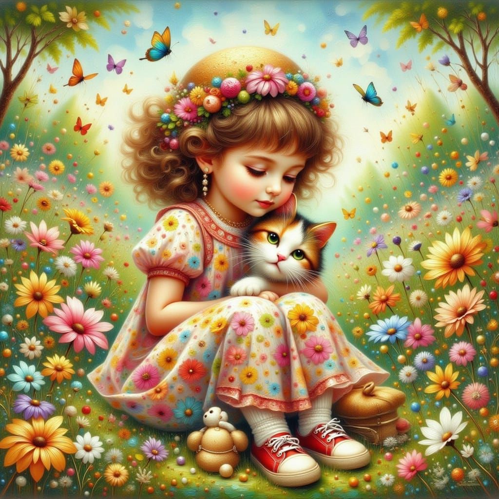 Girl with Cat in Garden, Beatrix Potter Style