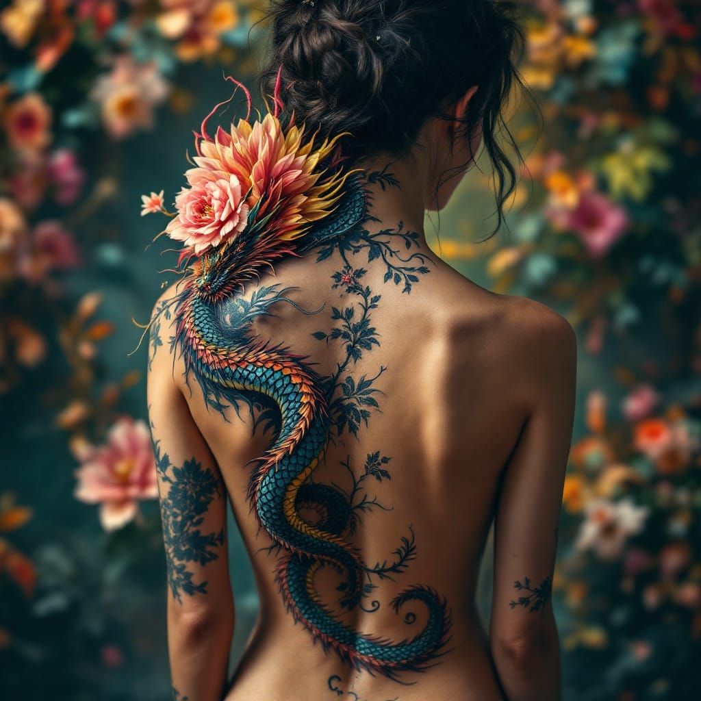 Hyperrealistic Flower and Dragon Back Tattoo