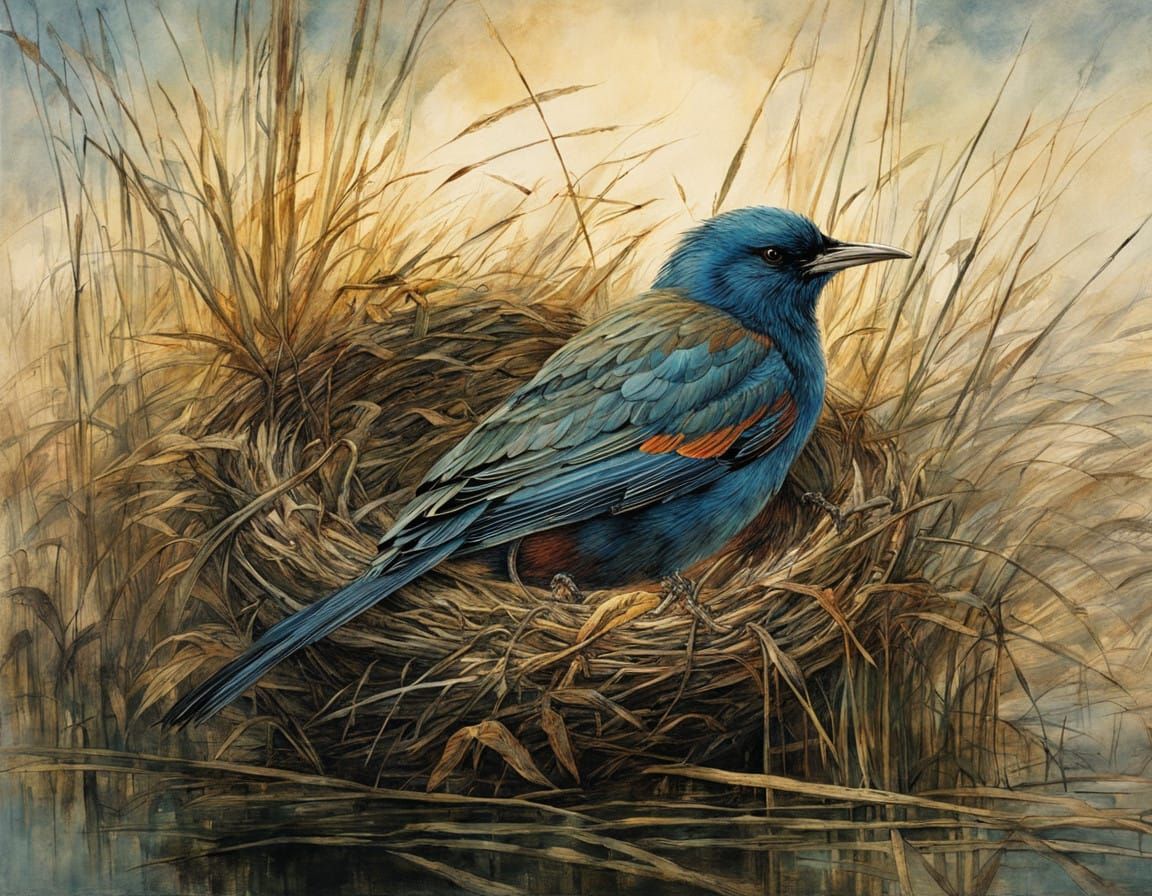 Enchanted Evening Scene with Bird in Noctilucent Light