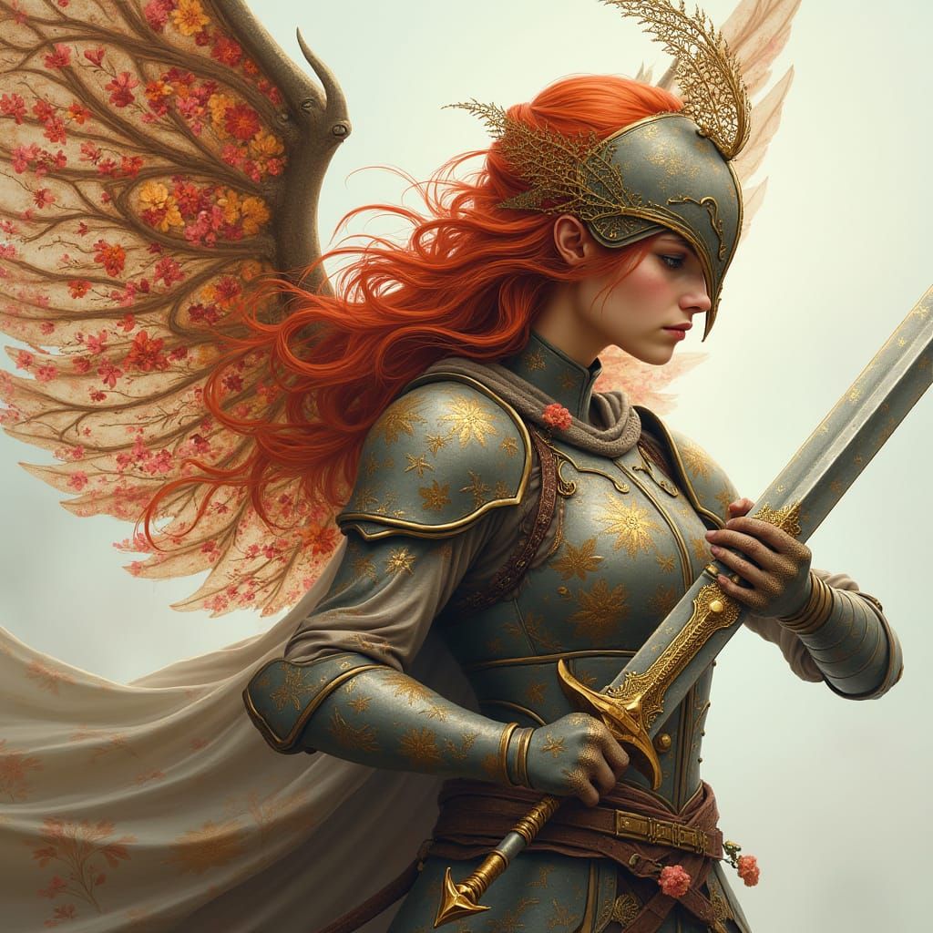 Red-Haired Warrior Maiden Takes Flight with Ornate Sword