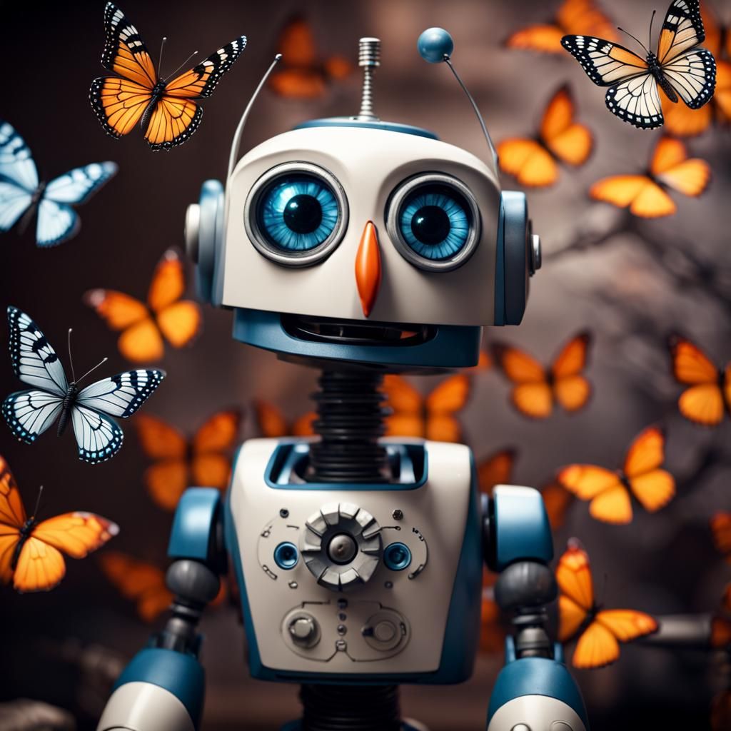 Robot Chicken Adorned with Butterflies: Hyperrealistic Image