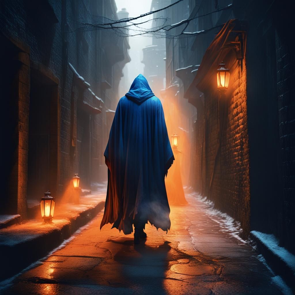 A glowing cloak on a mysterious stranger