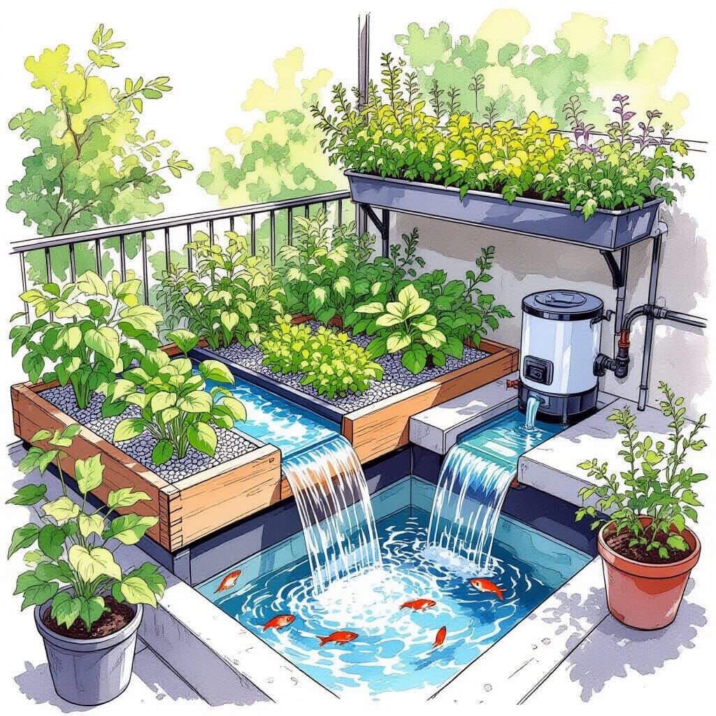 Balcony Aquaponics System in Technical Illustration Style