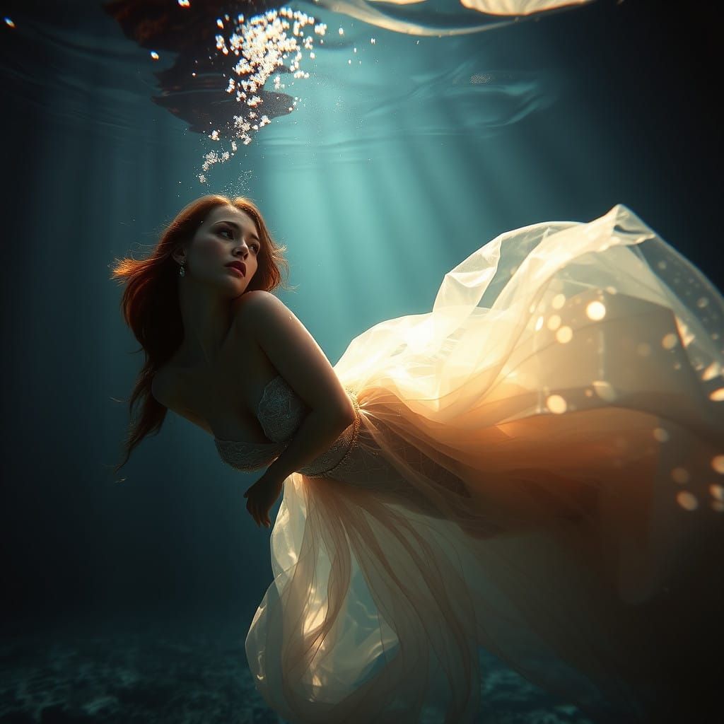 Underwater Goddess Emerging from Diaphanous Gown in Ethereal...