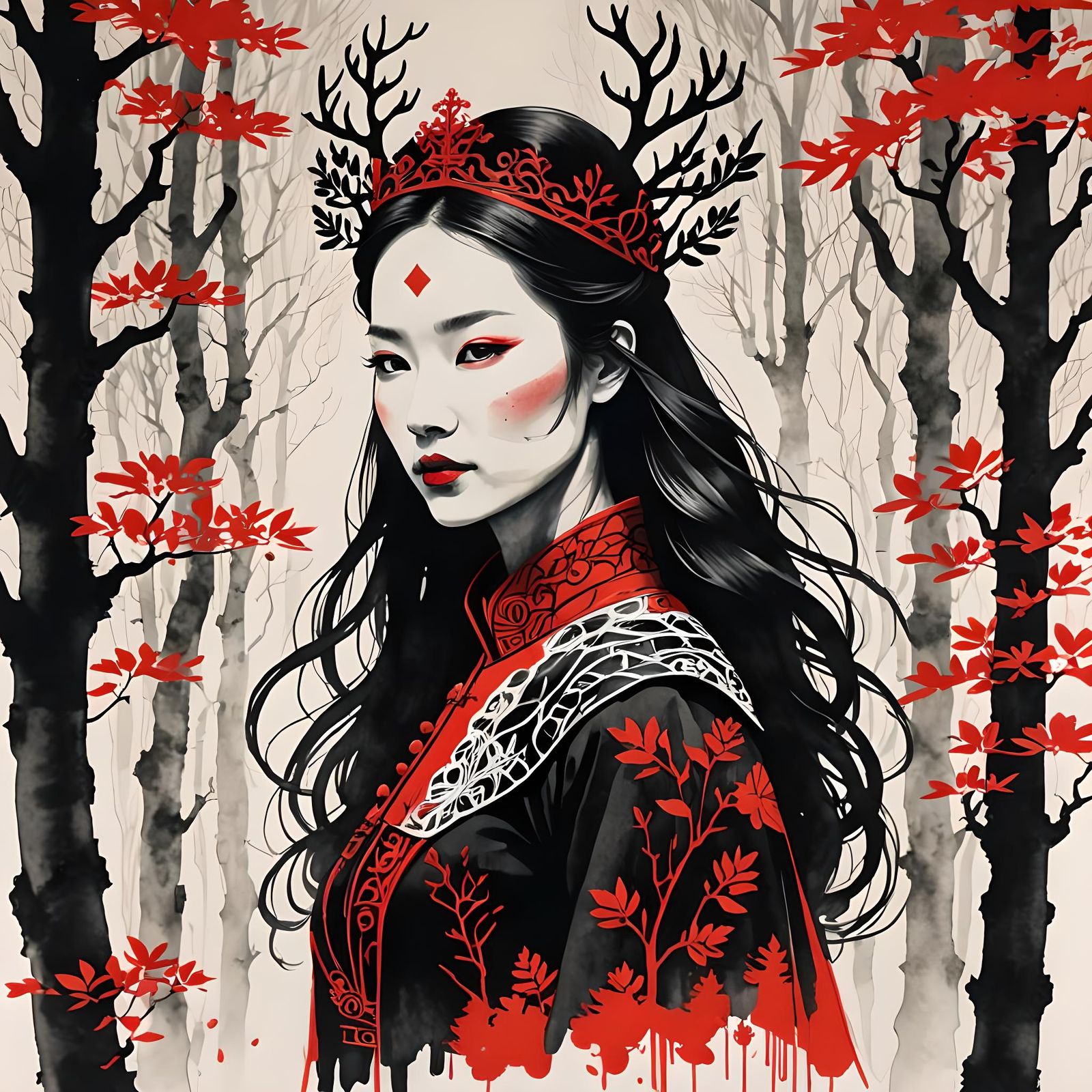 Nordic Queen Forest Silhouette in Chinese Ink Art