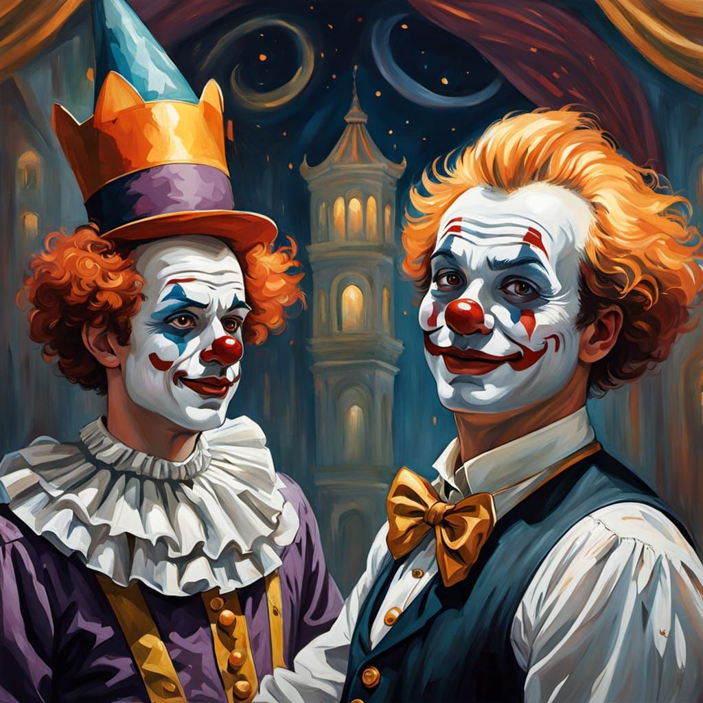 Clown and Magician in Ethereal Gouache Style