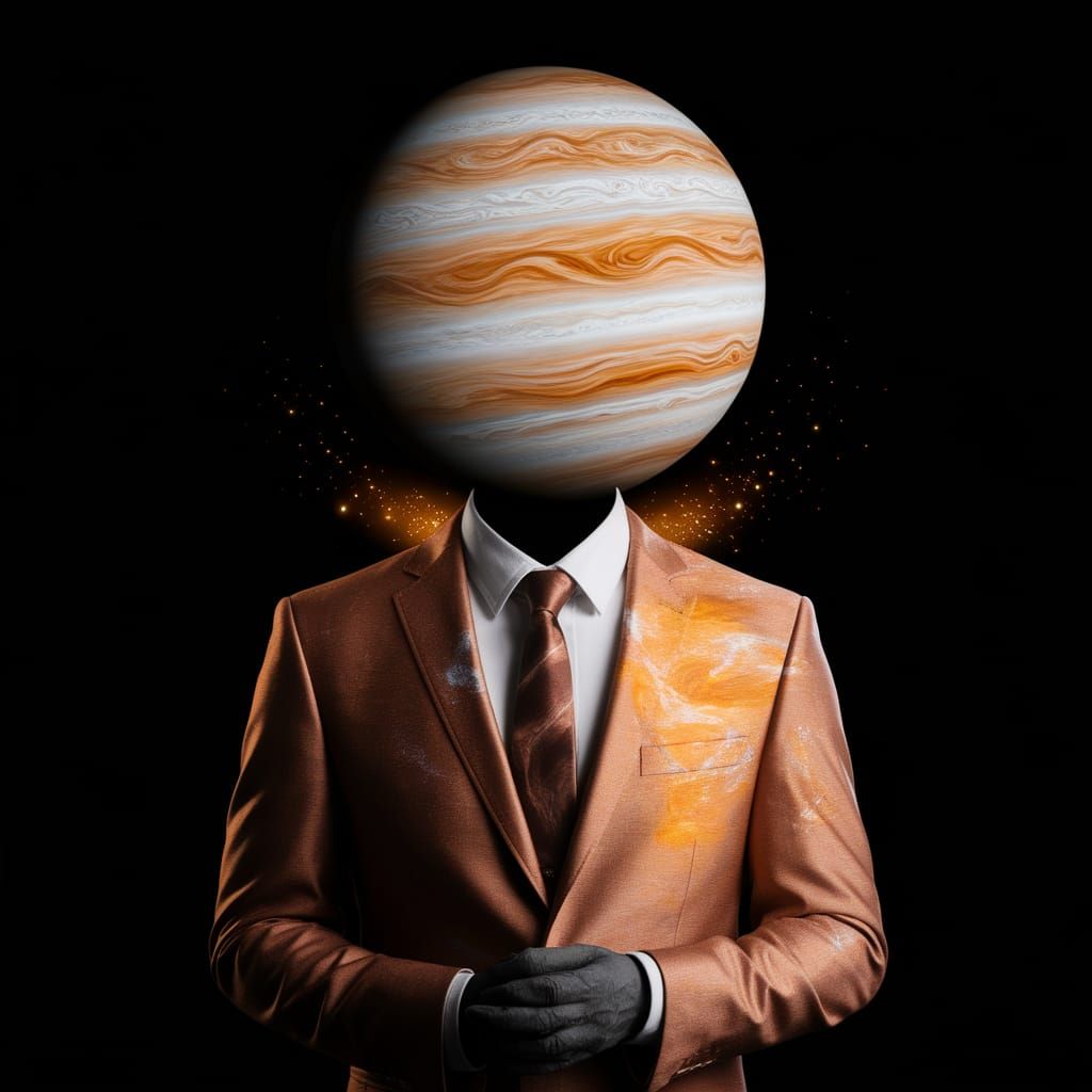 Faceless Man with Jupiter Head in Suit, Surreal Photo