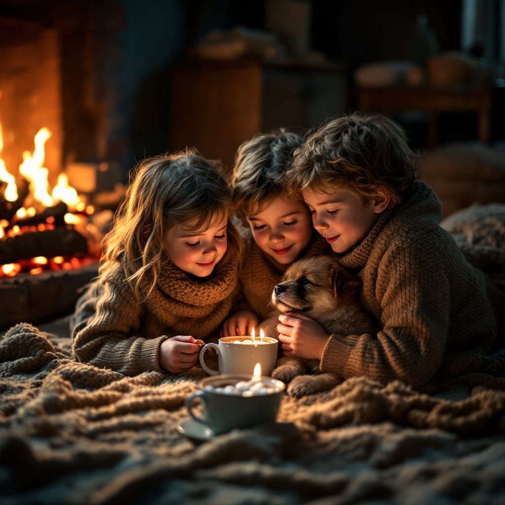Children by Fireplace with Puppy, Rockwell Style