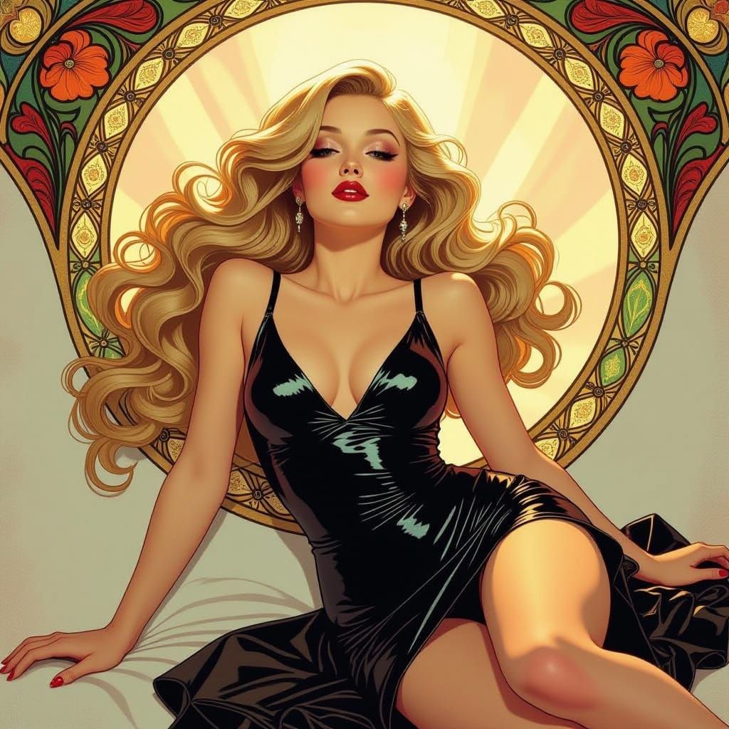 Art Nouveau Woman in Flowing Dress with Vibrant Makeup