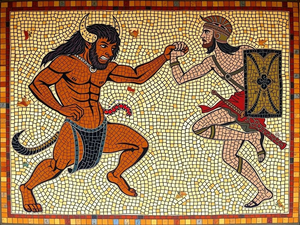 Roman Mosaic of Minotaur vs Warrior in Ancient Style