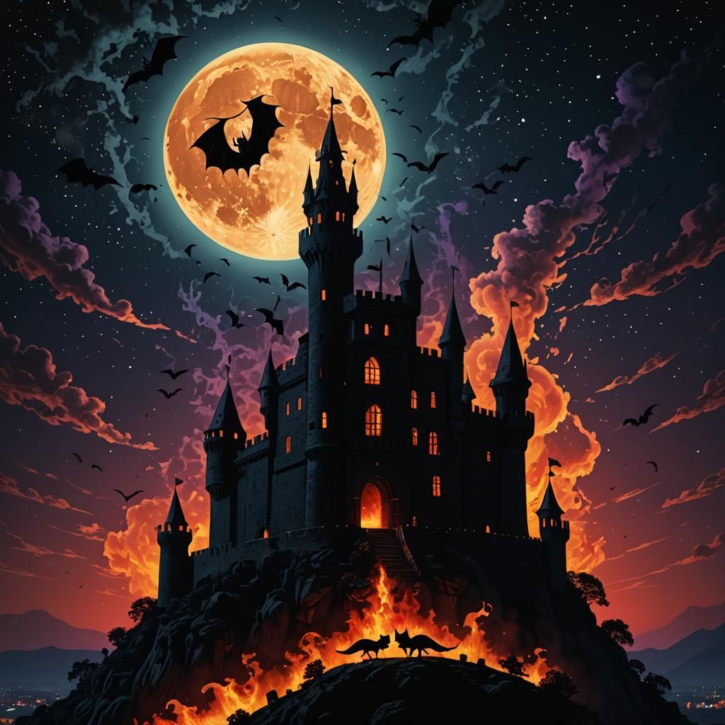 Mediterranean Castle in Flames with Gigantic Bat