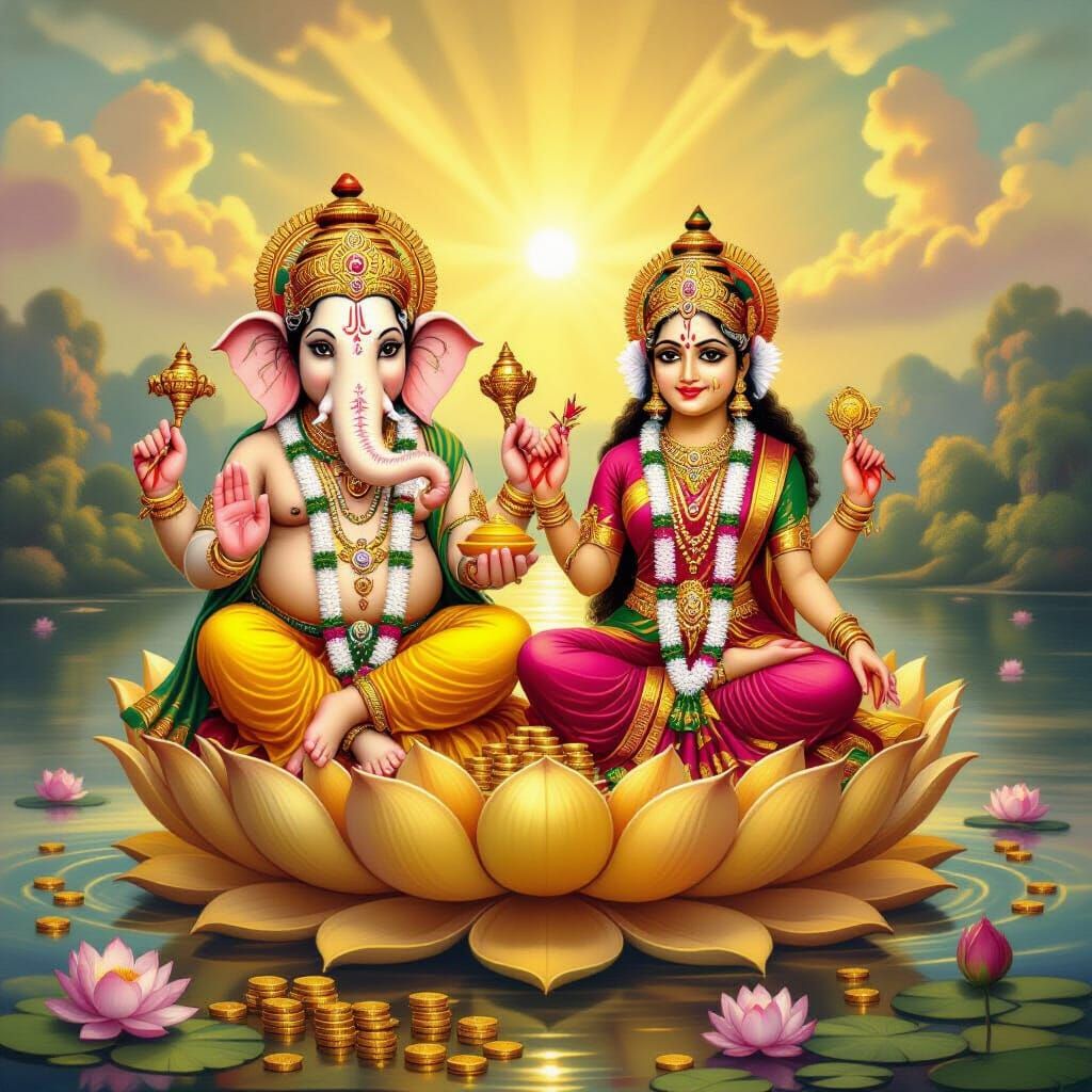 Ganesha and Lakshmi on Golden Lotus, Divine Blessings