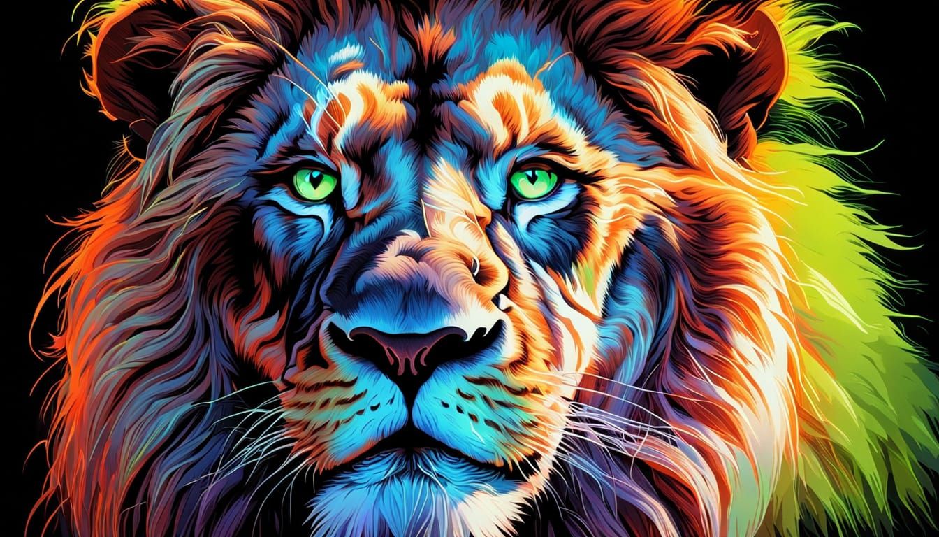 Neon Lion Portrait under Blacklight, Hyperrealistic Comic Ar...