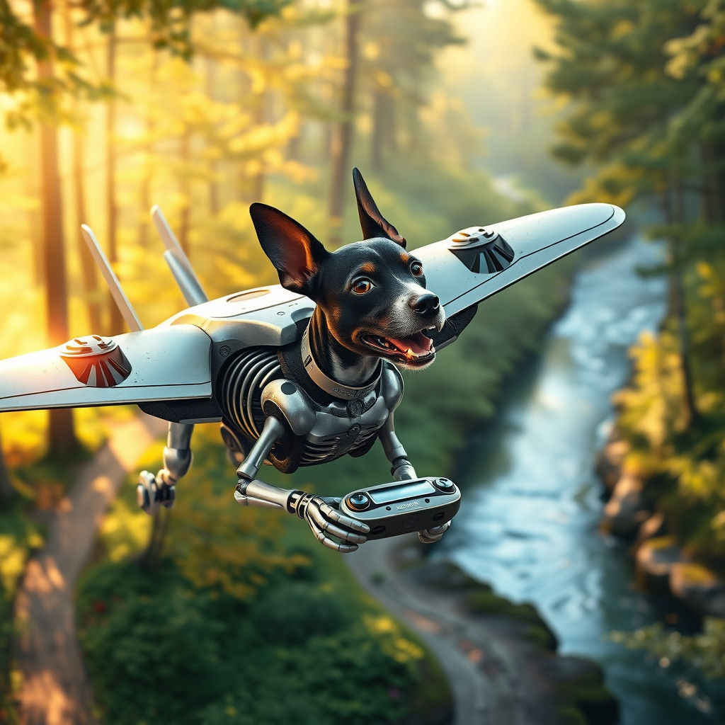 Robot Dog Airplane Soars Above Forest Trail