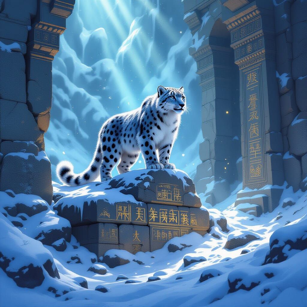 Cosmic Snow Leopard on Ancient Ruin in Ethereal Light