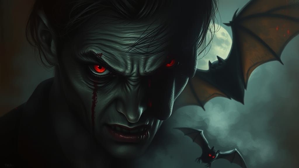 Terrifying Vampire Shadow in Double Exposure Oil Painting