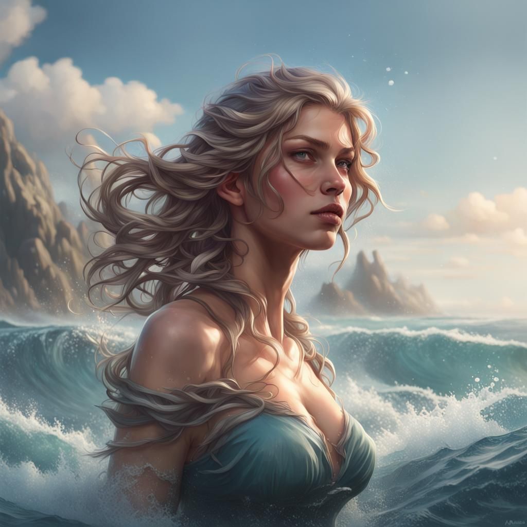 Giant Girl Portrait in Ocean, Hyperdetailed Art