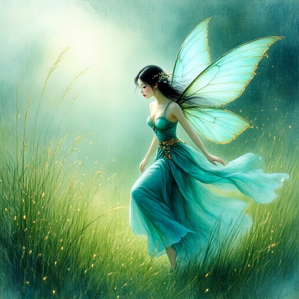 Miniature Fairy in Chinese Watercolor Landscape