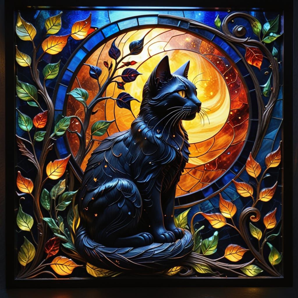 Whimsical Stained Glass Black Cat Under Crescent Moon