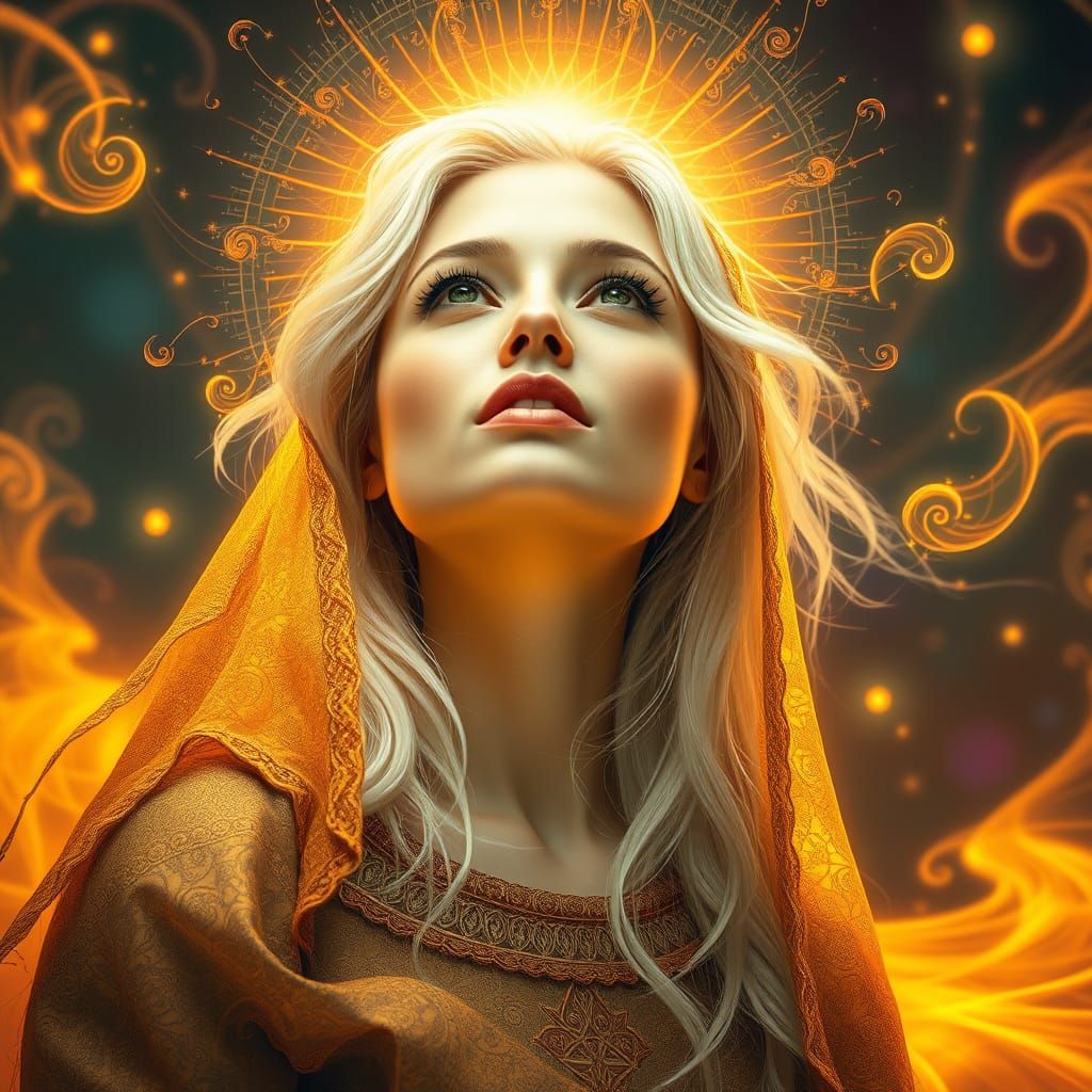 Ethereal Woman in Golden Veil with Sacred Geometry Patterns