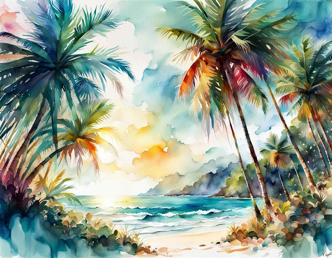Fairytale Tropical Beach in Watercolor Art Style