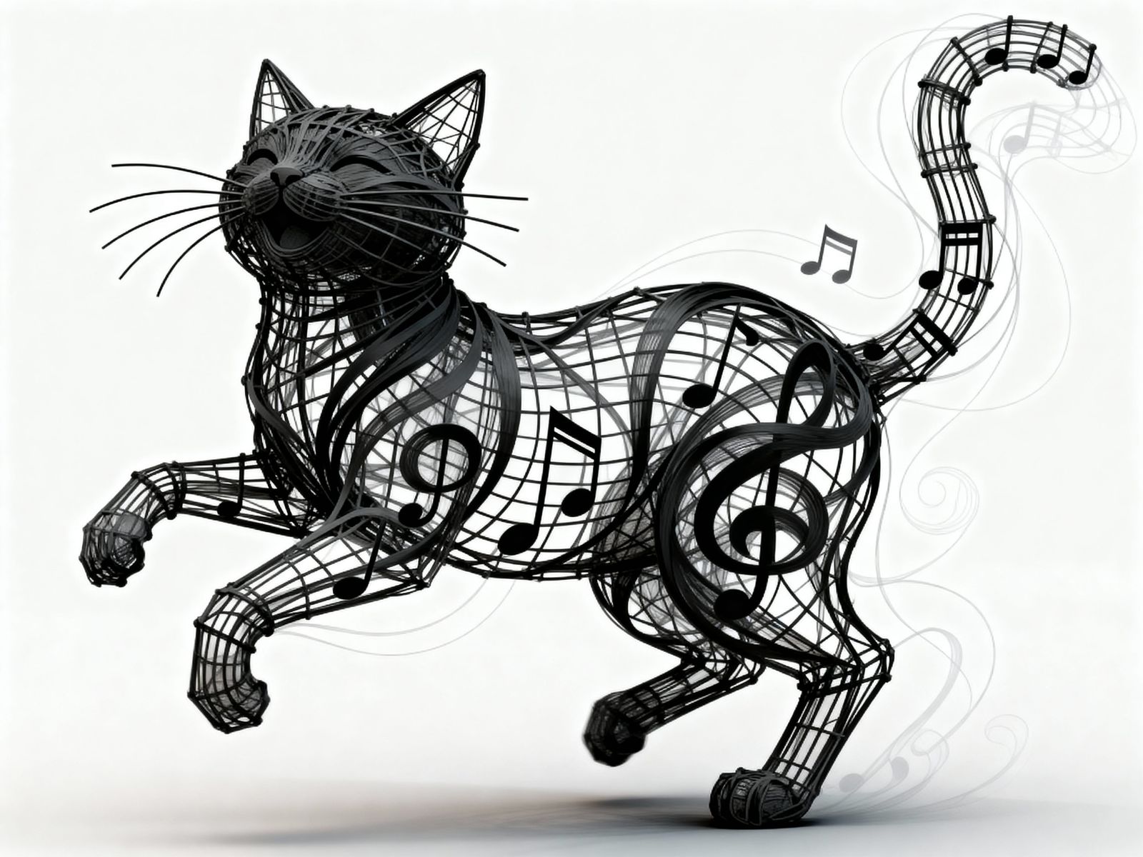 Wireframe Cat Made of Musical Notes Dancing Joyfully