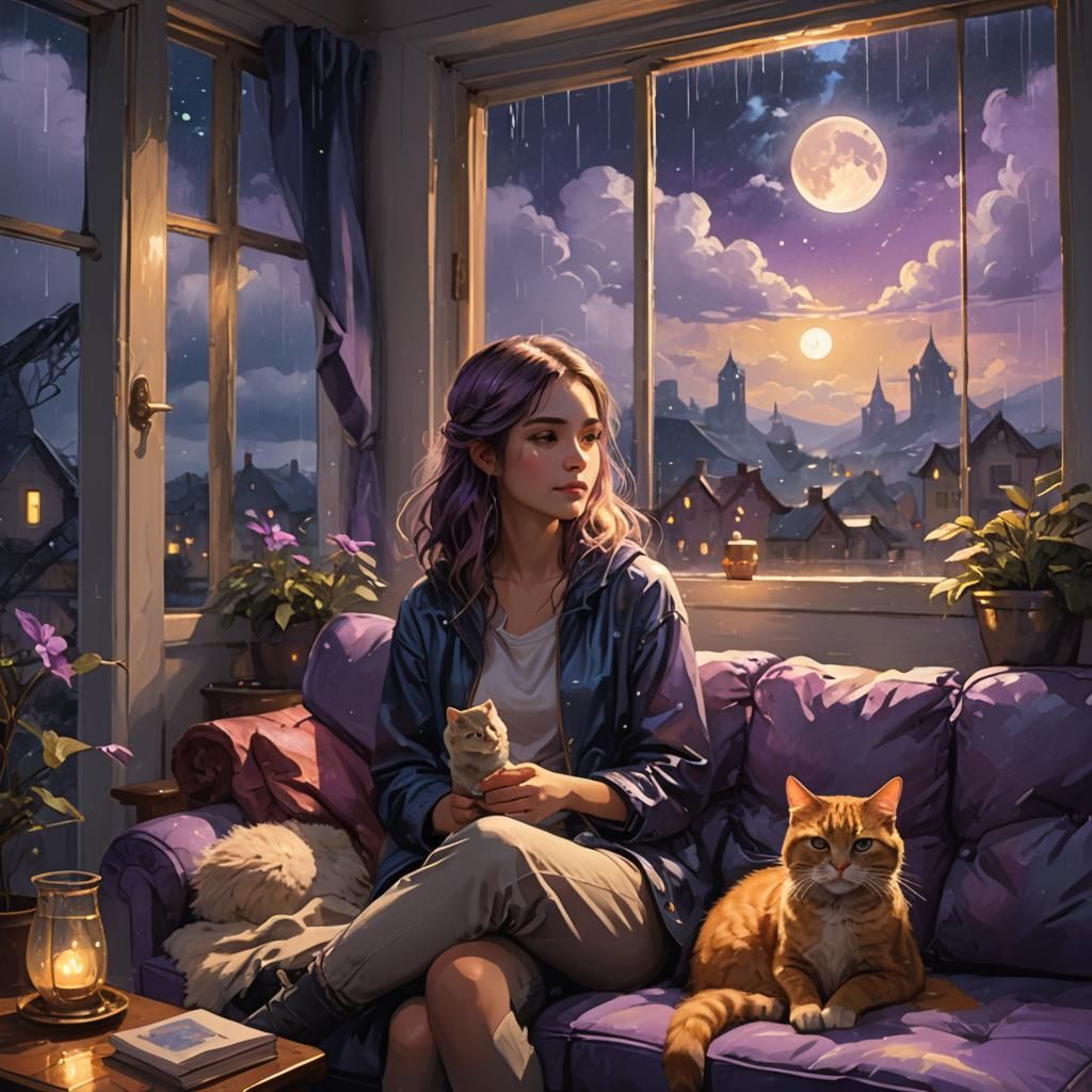 Cozy Girl and Cat Enjoying Rainy Night
