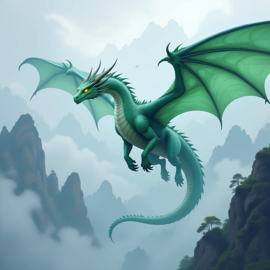 Jade Dragon Soaring Through Misty Skies