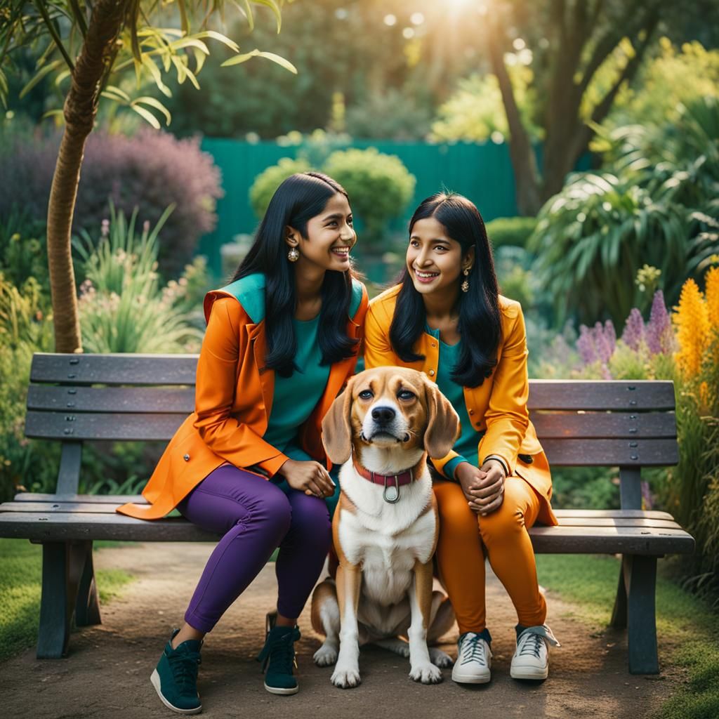 Indian Girls with Beagle Dog in Garden