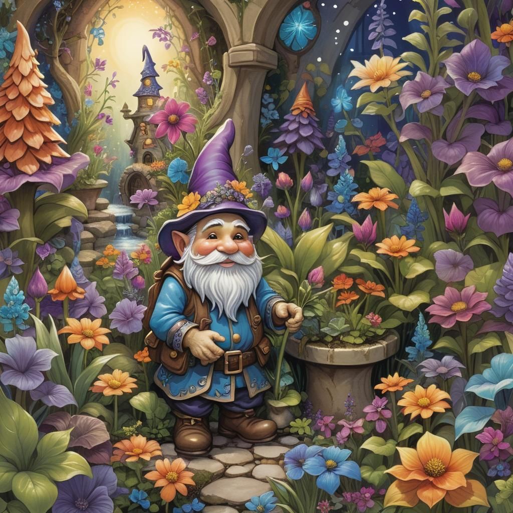 Gnome Tending Magical Garden with Luminescent Flowers