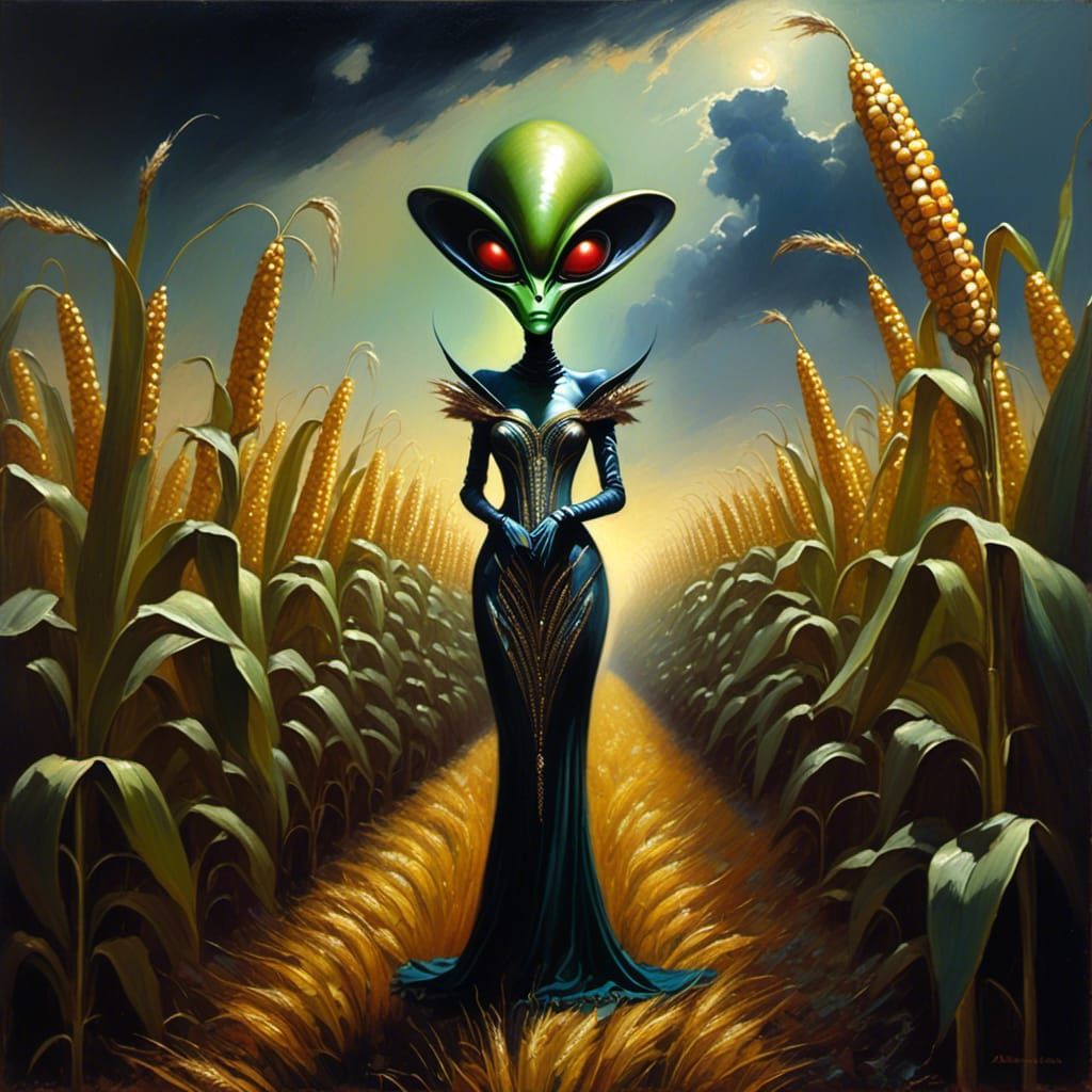 Alien in Haute Couture in Cornfield as Oil Painting